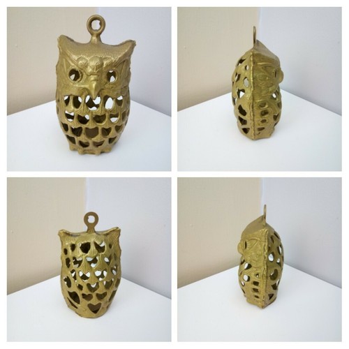 VINTAGE - Brass Owl Candle Tealight Holder Lantern 6" Tall Free standing / Hang. - Picture 1 of 7