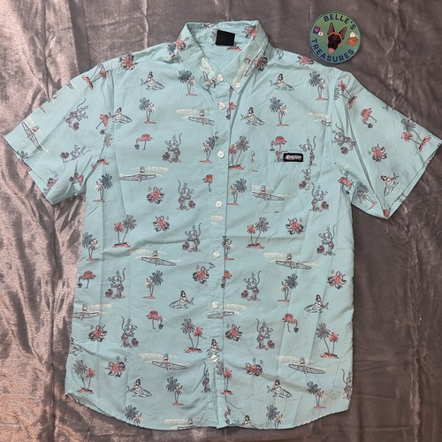 Ron Jon Medium Hula Mädchen Hawaii Strand Hemd Hai Flamingo Insel Meerjungfrau Y2K