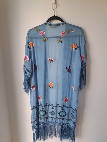 TwinSet Simona Barbiere Blue Embroidered Fringe Jacket Beach Cover Up Small 8 10 - Picture 10 of 17