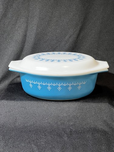 Casseruola ovale vintage Pyrex blu fiocco di neve ghirlanda con coperchio 043 1-1/2 qt - Foto 17 di 19