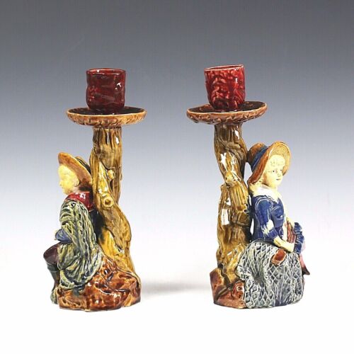 Pair Antique Continental Majolica Candleholder candle stick art pottery, ceramic - Picture 3 of 5