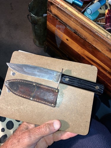 Vntg 8-3/4” UTICA SPORTSMAN USA Fixed Bld Hunting Knife w 5” Blade & Half Sheath