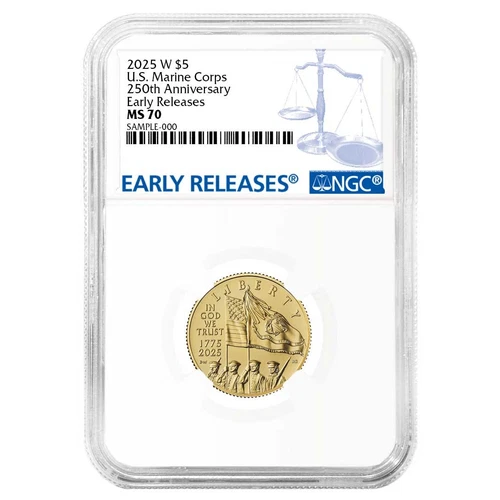 2025-W UNC $5 U.S. Marine Corps 250th Anniversary Gold Commemorative NGC MS70...