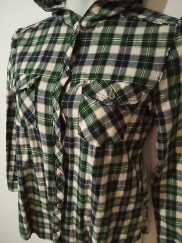 Damen Lg RUE 21 Flanell Hemd Kapuze Knopf grün blau kariert Boyfriend ausgefranst - Bild 1 von 10