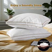 Set of 2 Bed Pillows Medium Support Gusset Down Feather Pillows, King or Queen