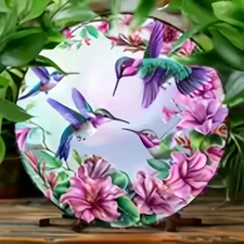 1pc Round Aluminum Wall Art - Hummingbirds & Hibiscus Flowers Painting, Vibrant