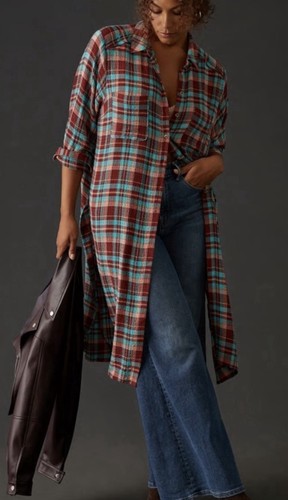 Pilcro By Anthropologie Longline Plaid Button Down Shirt Dress Sz M NWT - Picture 3 of 7