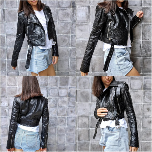 Damen Luxus Schwarz Python Prägung Leder Biker Jacke Cropped Moto GP Style - Bild 2 von 16