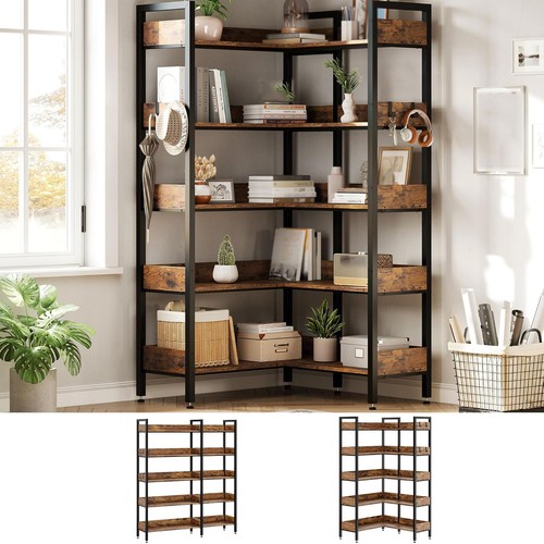 5 Tier Reversible Corner Bookshelf Industrial L Shaped Storage Display Bookcase - Picture 7 of 7