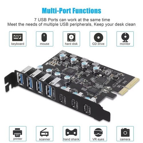7-Port Desktop Expansion Card 20G USB 3.2 Gen 2 4*USB-A 3*USB-C For Win For Mac - Afbeelding 7 van 12