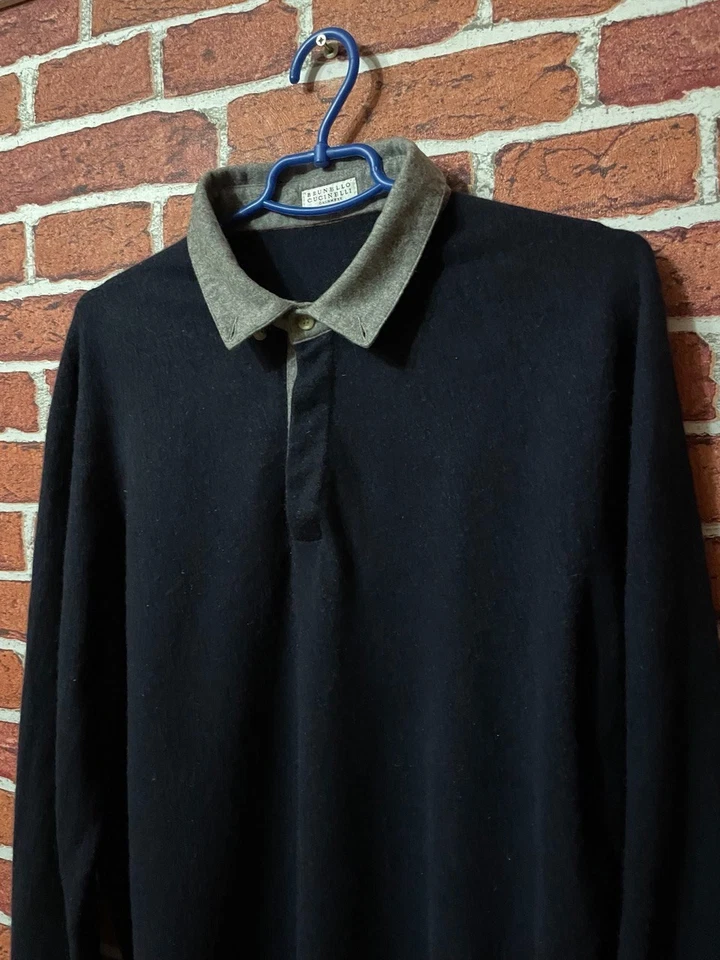Brunello Cucinelli 100% CASHMERE Blue Navy Pullover Collared Sweater Size Large - Image 2 of 4