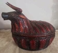 Wicker & Wood Cow Steer Bull Covered Basket Lacquer Farmhouse 10" W  x 8" H Lid