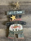 Primitive Wooden Snowman Hanging Decor Let It Snow Country Rustic Walk Door 16”