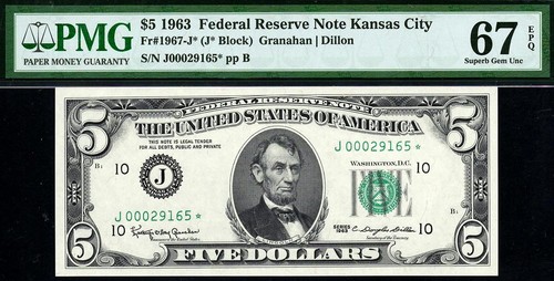1963* 1967-J* $5 Kansas City STAR Federal Reserve Note • PMG 67 EPQ ((TOP POP)) - Picture 2 of 3