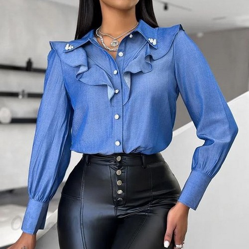 Women Ruffle Frilled Shirt Buttons Denim Look Ladies OL Work Office Blouse Tops - Picture 3 of 17