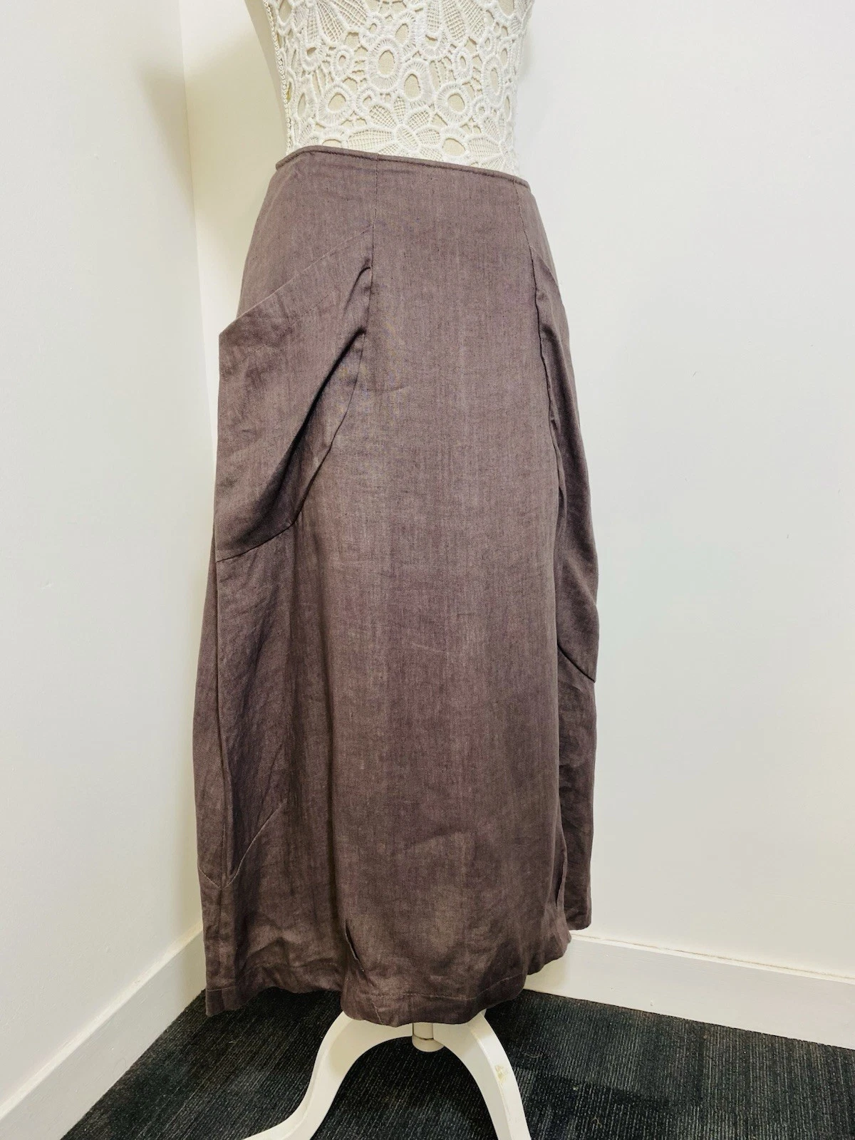 Lilith Brown Linen Midi Skirt With Pockets Size M