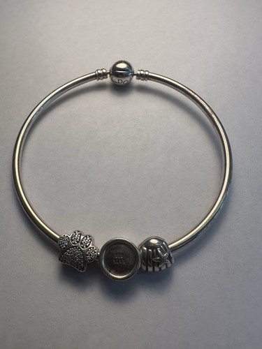 Pandora 925 Sterling Silver 8” Bangle Bracelet w/ 3 Charms 20.16g - Picture 2 of 7