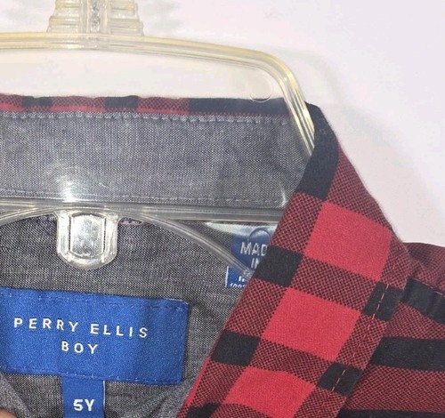 Perry Ellis Boys Size 5 Long Sleeve Plaid Dress Shirt Red Black - Picture 4 of 5