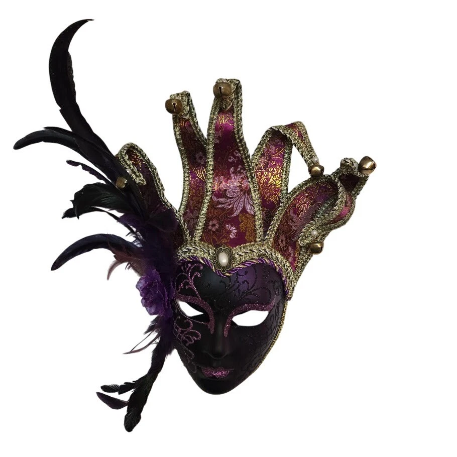 Bufón veneciano cara completa Mardi Gra máscaras brocado púrpura y dorado Foto 3 de 4