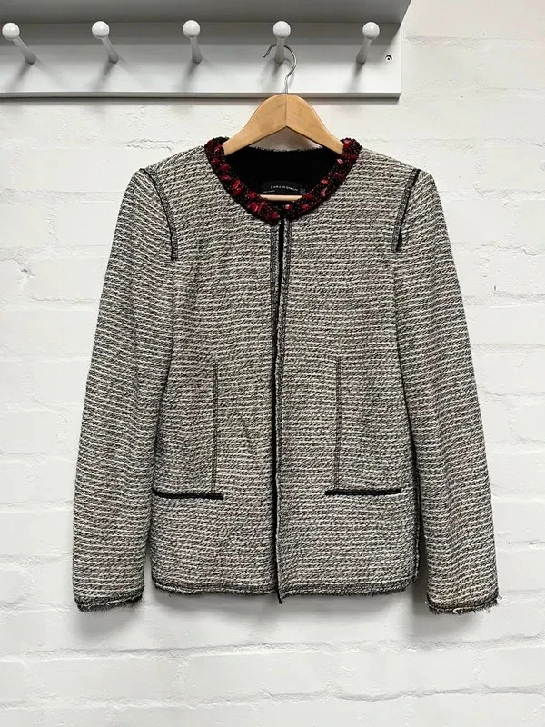 Zara Bouclé Tweed Sakko XL Bead-Dekor Anlass Smart Grau Blazer - Bild 3 von 4