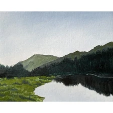 Original Oil Landscape Painting Alpine Lake Pines Mountains Grass 8x10" Signed