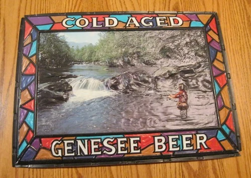 VTG  GENESEE BEER  COLD AGED  LIGHTED SIGN  INSERTS ONLY   FLY FISHERMAN  NOS