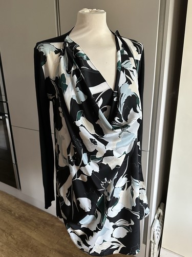 DKNY DONNA KARAN NY BLACK MULTI FLORAL SILK CASHMERE BLEND DRAPE CARDIGAN TOP S - Picture 8 of 13