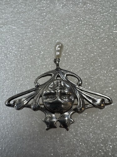 Vintage Art Nouveau Sterling Silver STAMAS Pearl Moon Stars Face Brooch - Picture 9 of 16