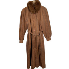 Vtg 70s Suede Trench Coat w/ Genuine Fox Fur Collar Women s L Brown Aspen Chic