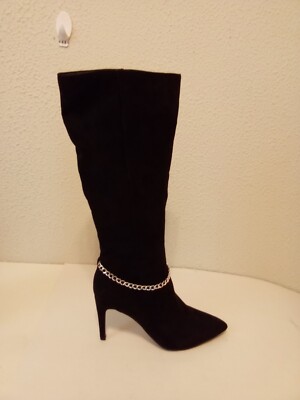 XOXO Black Faux Suede Silver Tone Chain Zip  Knee High 3 12'' Heel Boots 7.5 M