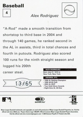 2004 Leaf Sportscaster Red Alex Rodriguez ARod Yankees #4 13/65 Jersey Number! - Picture 2 of 2