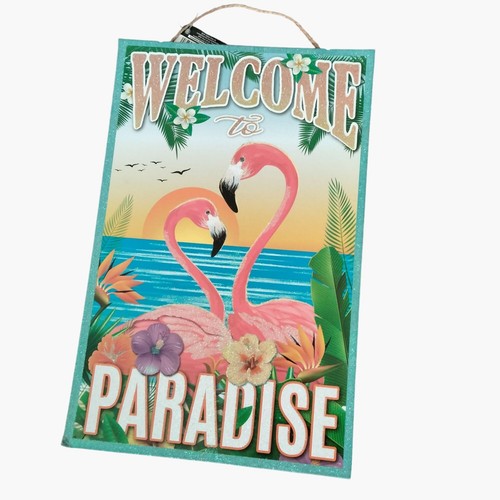 Welcome to Paradise Sign Flamingos Tropical Sunset Pool Beach Coastal Glitter - Picture 1 of 6