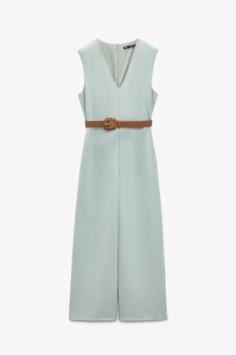 Zara Sleeveless Jumpsuit Wide Leg V-Neck Contrast Belt Womens XL Green Blog fave - Picture 5 of 6