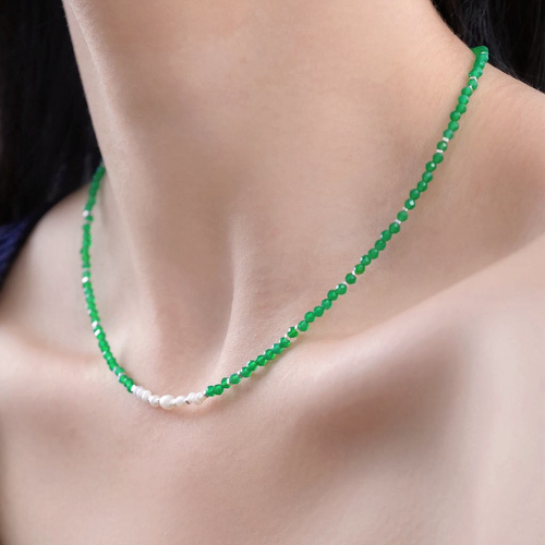 Chrysoprase & Pearl Beaded Necklace: Uplifting Natural Gemstone Jewellery - Picture 2 of 2