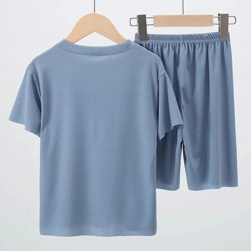 Kids Summer Pajama Set Ice Silk T-Shirt Shorts Sleepwear Loungewear 2PCS Outfit - Picture 5 of 13