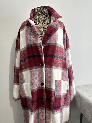 Jason Maxwell 2X Womens Coat Long Plaid Red White Pockets Lined Midi Church Work - Picture 2 of 21