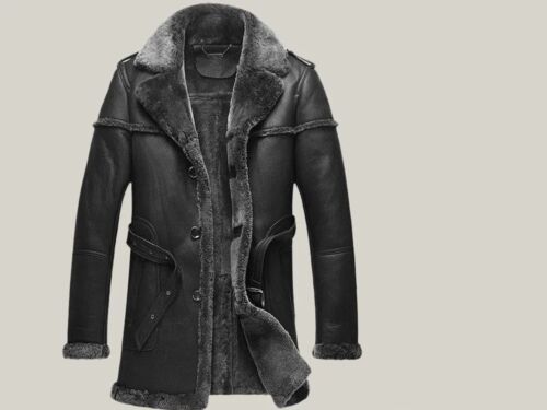 Men's Real Sheepskin Faux Fur Lined Long Coat Real Sheep Leather Winter Trench - Picture 11 of 13