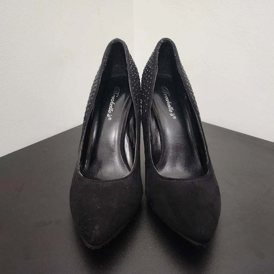 Zapatos de salón de gamuza sintética negros para mujer BRECKELLES tacón alto cuentas negras talla 8 Foto 3 de 4