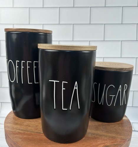 New Rae Dunn COFFEE, TEA & SUGAR Black Cellar Wood Lid Set of 3 Canisters - Bild 3 von 10