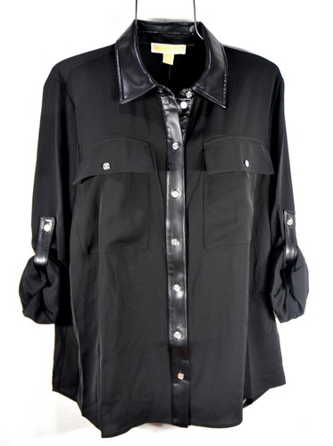 Michael Kors Women's Blouse XL Black Faux Leather trim Button Top Shirt NWT - Picture 5 of 8