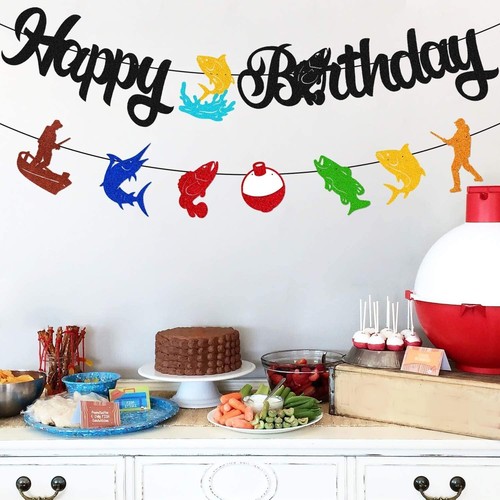 Fish Happy Birthday Banner Fishing Pole Fisher Fishermen Bait Angling Boat Them - Picture 2 of 6
