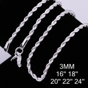 Solid 925 Sterling Silver 3mm Italian Diamond Cut Twisted Rope Chain Necklace Solid 925 Sterling Silver 3mm Italian Diamond Cut Twisted Rope Chain Necklace