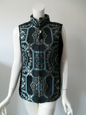 SUSAN GRAVER Black Aqua Unique Floral Tapestry Zip Front Velvet Panel Vest 8