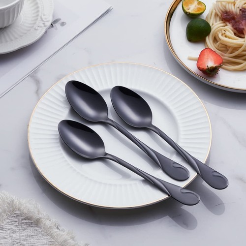 Black Dinner Spoon Set 7.6-inch Stainless Steel Shiny Black Soup Table Spoon ... - Picture 6 of 6