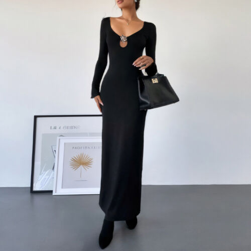 Sexy Women Hollow Knit V Neck Bodycon Long Dress Ladies Evening Party Maxi Dress - Picture 3 of 22