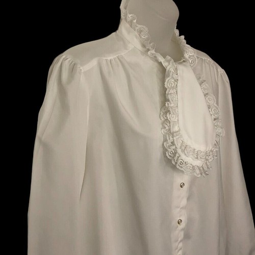 Vintage Rhapsody Womens White Lace Ruffled Blouse Long Sleeve XL Office 1980's - Picture 7 of 11