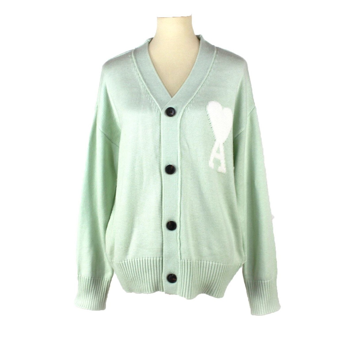 AMI Big Heart Logo Cardigan Mint Green Knit Wool Long