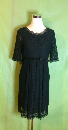 Motherhood Maternity Women’s Size Medium Black Lace Lined Belted Dress Evening - Picture 2 of 12