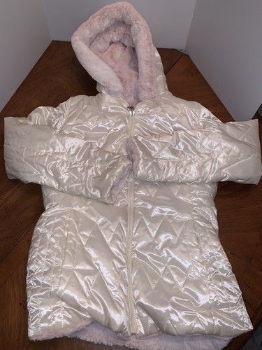Gallery New York Faux Fur Coat Pink Plush Girls Reversible Hooded Zip Large - Picture 6 of 7