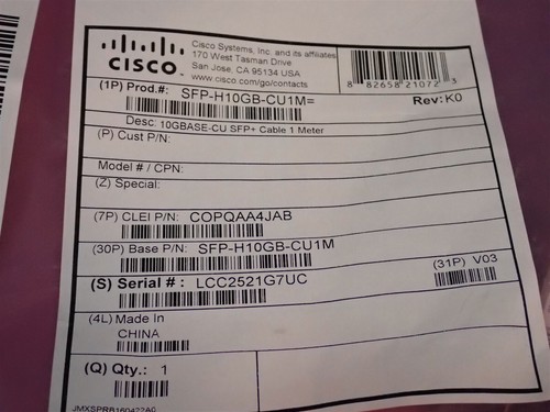 NEW Cisco SFP-H10GB-CU1M SFP + Cable, 1 Meter (BN96) - Afbeelding 2 van 3